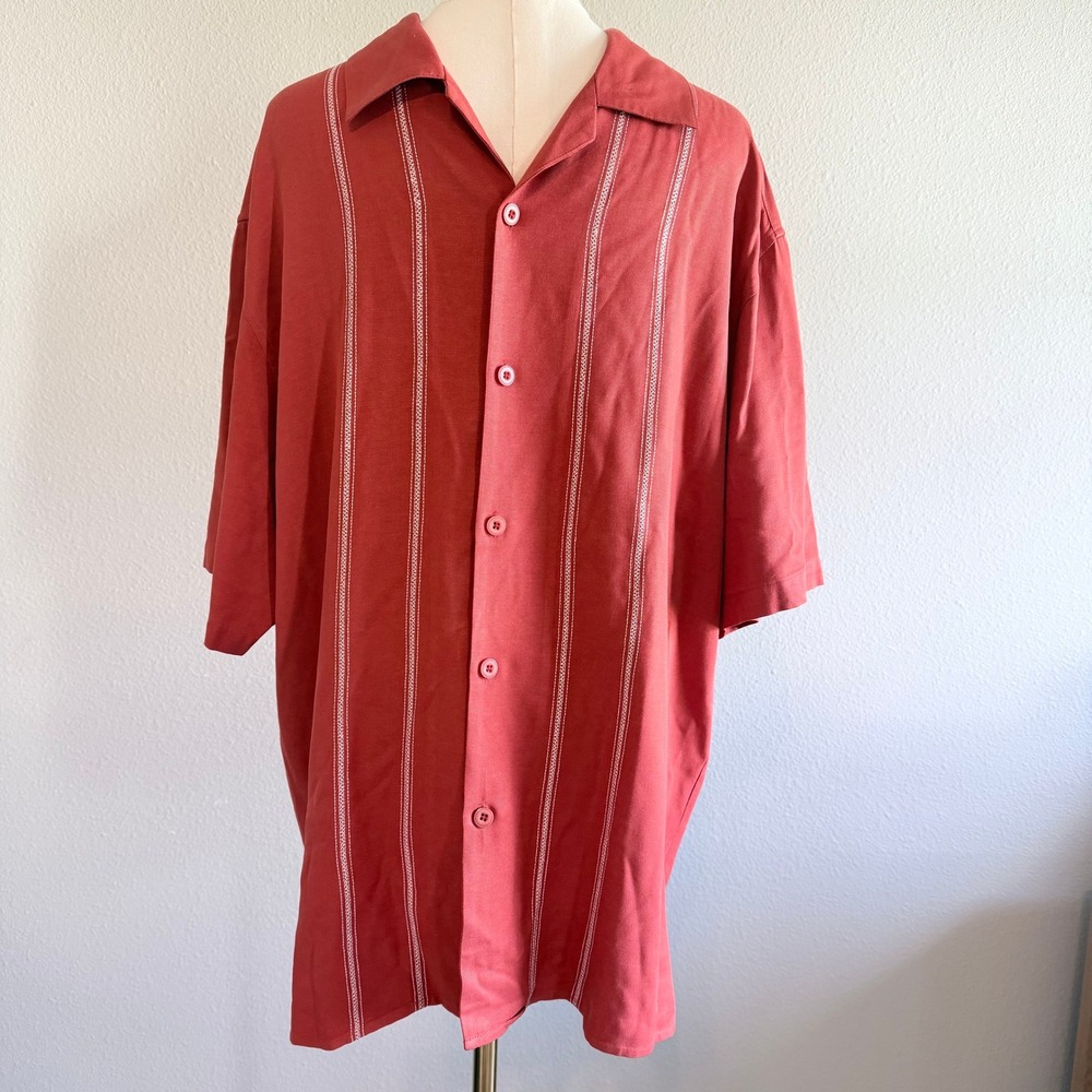 Vintage Silk Mens XL Silk Button Down Shirt Caribbean Red Short Sleeve